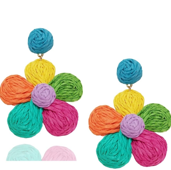 Oversized Multicolored Wicker Flower Earrings New Colorful Boho Rattan Flowers - Picture 1 of 3